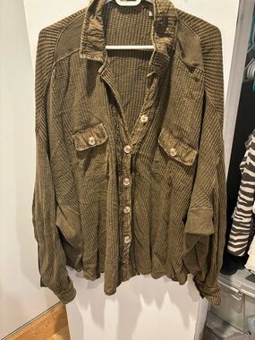 Free People Olive Green Waffle Knit Button-Up Sweater